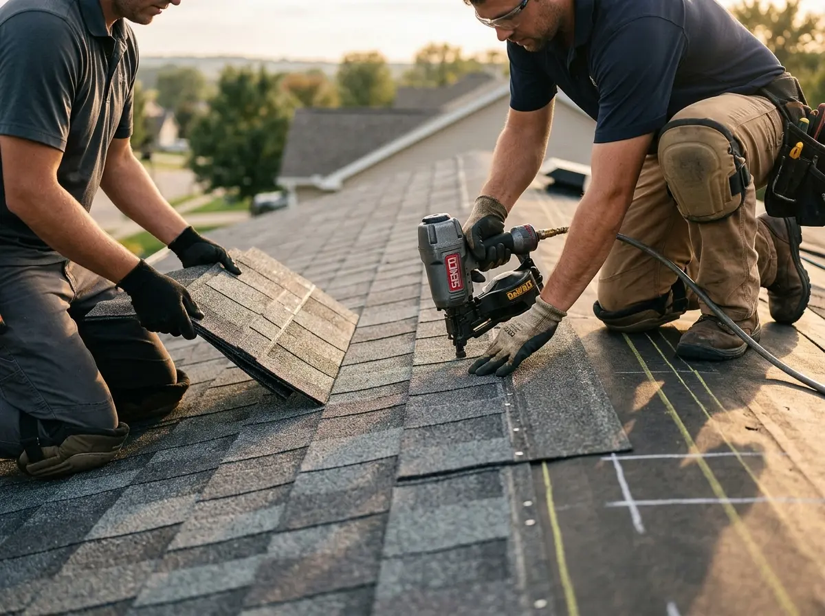 Professional roofer working on a residential roof in Winnetka